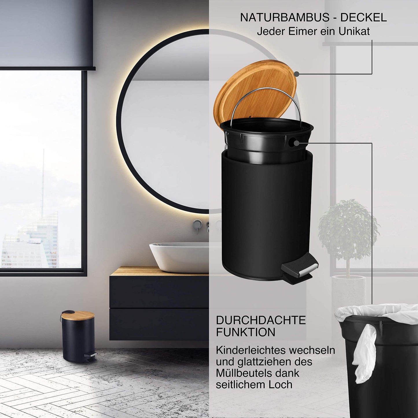 VMbathrooms 3L cosmetic bin in chic black design | Step trash can with soft close lid | Elegant bin for the bathroom with inner container and bamboo wood lid