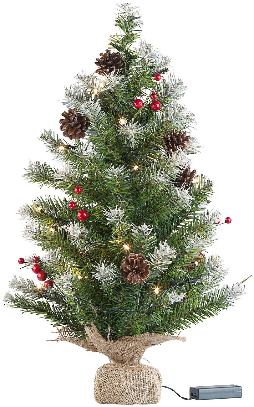 British Fir Tree Decoration: Decorative Christmas tree with 30 LEDs, pine cones, and yew berries, 60 cm (small Christmas tree, small fir trees, wireless Christmas tree lighting)