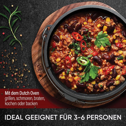 GUSSKÖNIG Dutch Oven Set - Seasoned Dutch Oven 7 Liter - Cast Iron Campfire Pot with Legs - Dual Function Dutch Oven Casserole - includes 2in1 Lid Lifter, Brush & Dutch Oven Recipe Book [for 3-6 People]