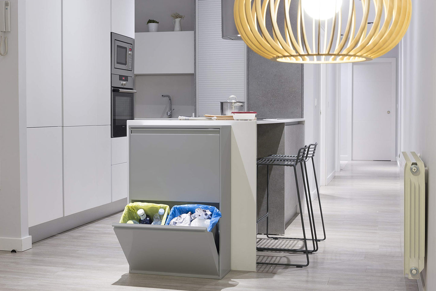 ARREGUI Basic CR602-B Steel Recycling Bin | 4 compartments for kitchen waste | 4x17L (68L) | Removable inner bins with handles | Recycling cabinet | Light grey