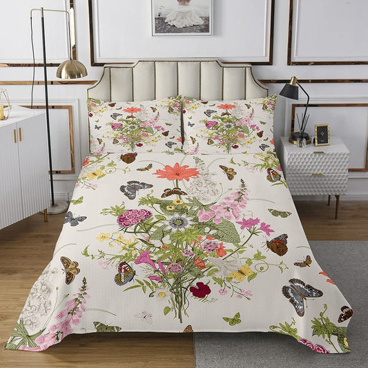 Homewish Floral Quilted Bedspread 240x260 Colorful Butterfly for Girls Women Teens Botanical Flower Decor Bedding Set Pastoral Rustic Style Quilt Set with 2 Pillow Shams
