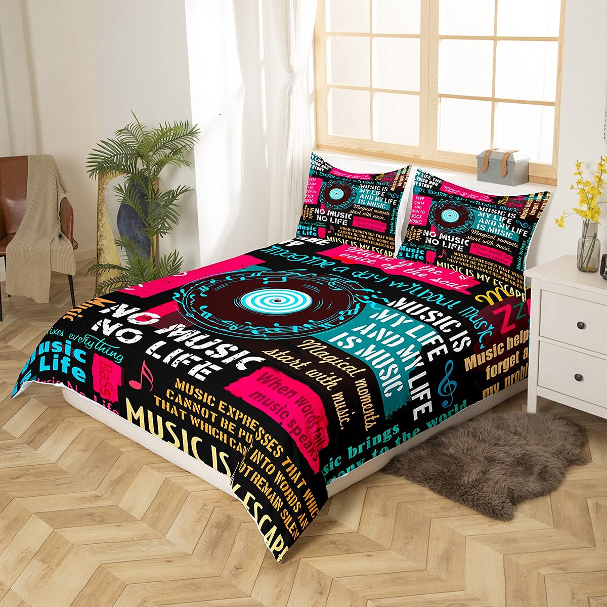 Single bed with duvet cover and 1 pillowcase, musical notes, for kids and adults, music disc, classic, 2-piece