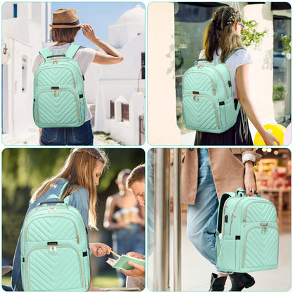 Kuosdaz Backpack Women 15.6 Inch, Large School Backpack Girls Teenager, with USB Charging Port for Laptop Work Waterproof Backpack, University, Travel, Business, Everyday, Women, School, Mint Green