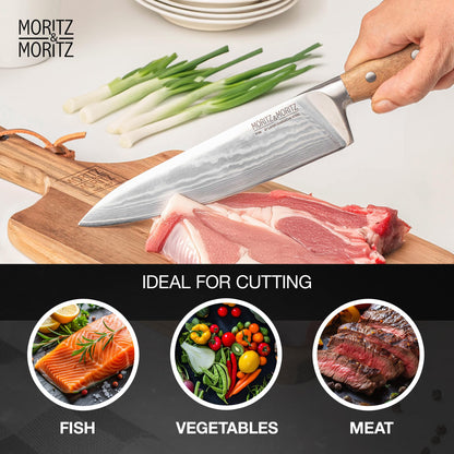 Moritz & Moritz Damascus knife 20 cm - Professional chef's knife made of 67 layers of Damascus steel - Sharp kitchen knife - Japanese chef's knife - Ergonomic handle made of acacia wood - Damascus knife steel