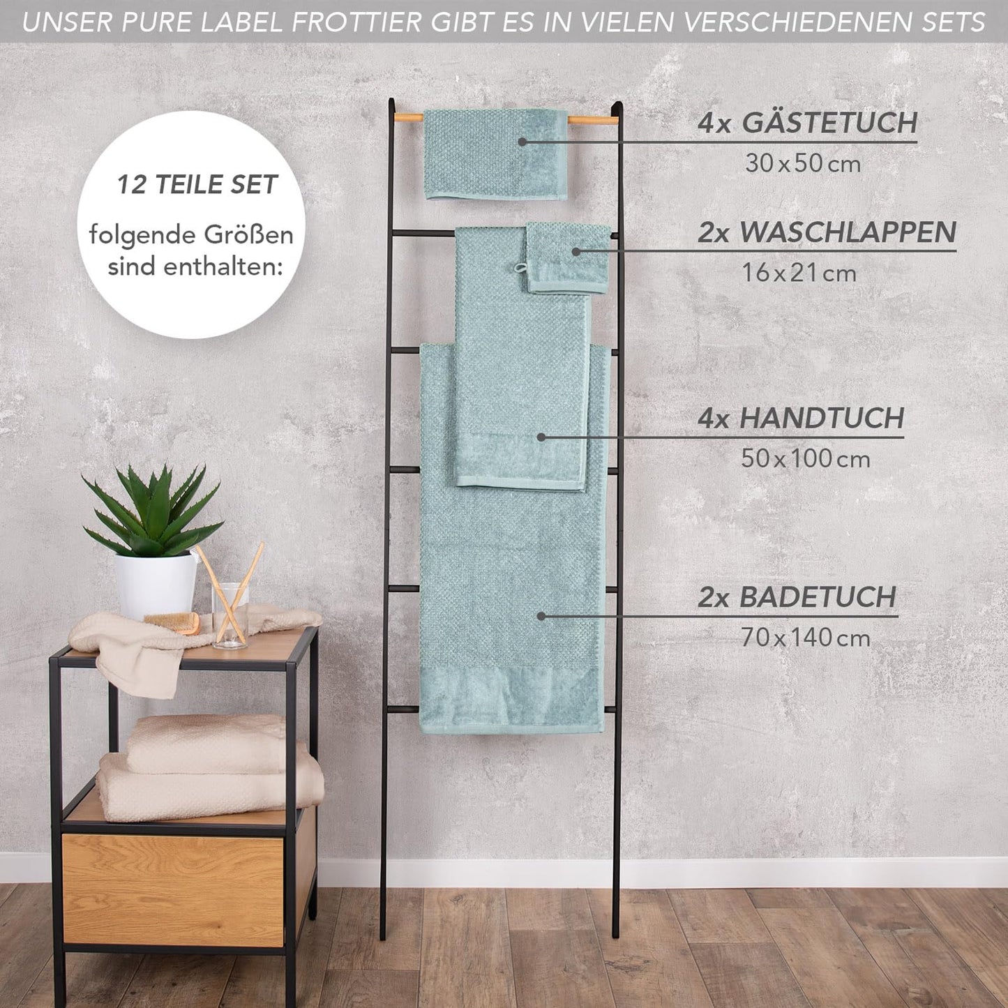 Pure Label 12-piece towel set made of 100% cotton, absorbent and soft - 2 bath towels (70x140 cm), 4 hand towels (50x100 cm), 4 guest towels (30x50 cm), 2 washcloths (16x21 cm), Turquoise.
