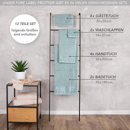 Pure Label 12-piece towel set made of 100% cotton, absorbent and soft - 2 bath towels (70x140 cm), 4 hand towels (50x100 cm), 4 guest towels (30x50 cm), 2 washcloths (16x21 cm), Turquoise.