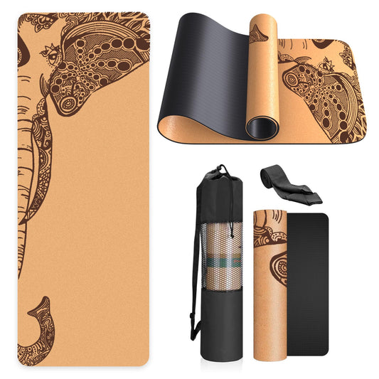 Cork yoga mat, non-slip, unique design, natural cork, TPE material, fitness training mat with carrying bag and strap, for home, pilates, aerobic fitness studio and workout (183 x 61 cm)