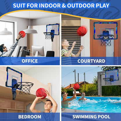 HYES Mini basketball hoop with 7 lighting for kids, electronic scoreboard, 3 balls, pump, indoor outdoor basketball hoop sports toy for kids, blue.