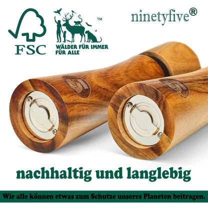 ninetyfive® premium wooden pepper mill set | salt and pepper grinder + coaster and filling spoon made of acacia wood | spice mills with ceramic grinder (21cm) | high-quality gift packaging
