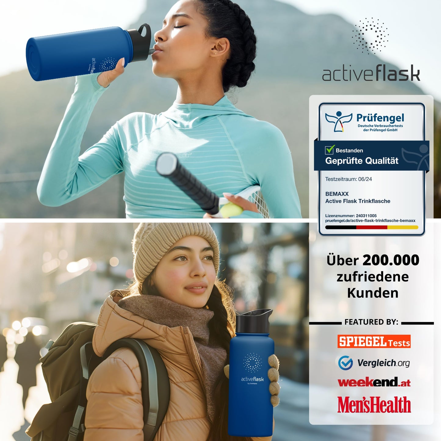 Stainless steel water bottle ACTIVE FLASK + straw (3 lids) BPA-free, leak-proof, suitable for carbonated drinks - bike water bottle thermos insulated sports water bottle kids tea.