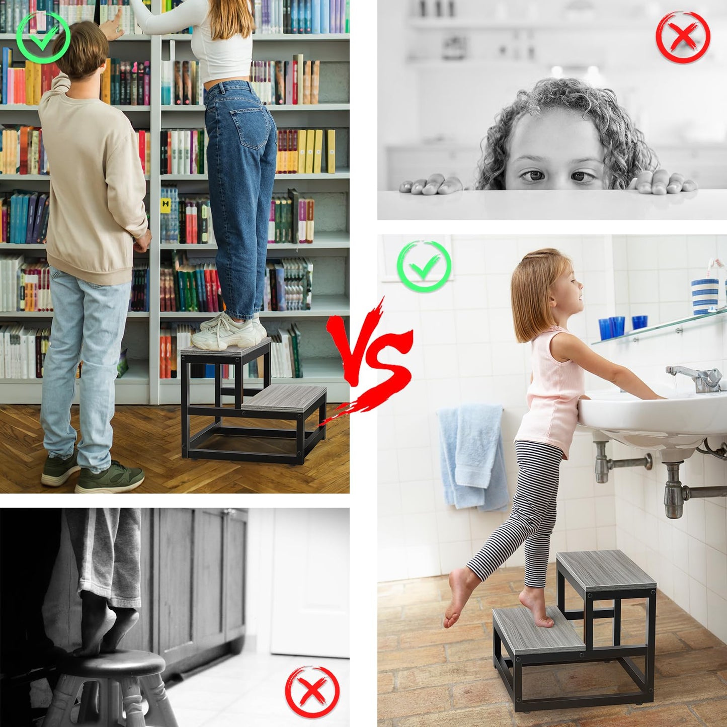 LIANTRAL Step Stool for Adults and Kids, 2-Step Stool, Heavy Duty Steel and Stable Wooden Stool, Holds up to 200KG, Step Stool for Bed, Kitchen, Bathroom, Grey