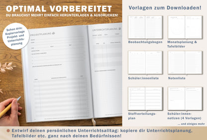 One of the Good Teacher Planners 2025-2026, A4 size, 1 double page per week, academic calendar for school year 25/26, Cream Beige with Flowers, sustainable & climate-neutral.