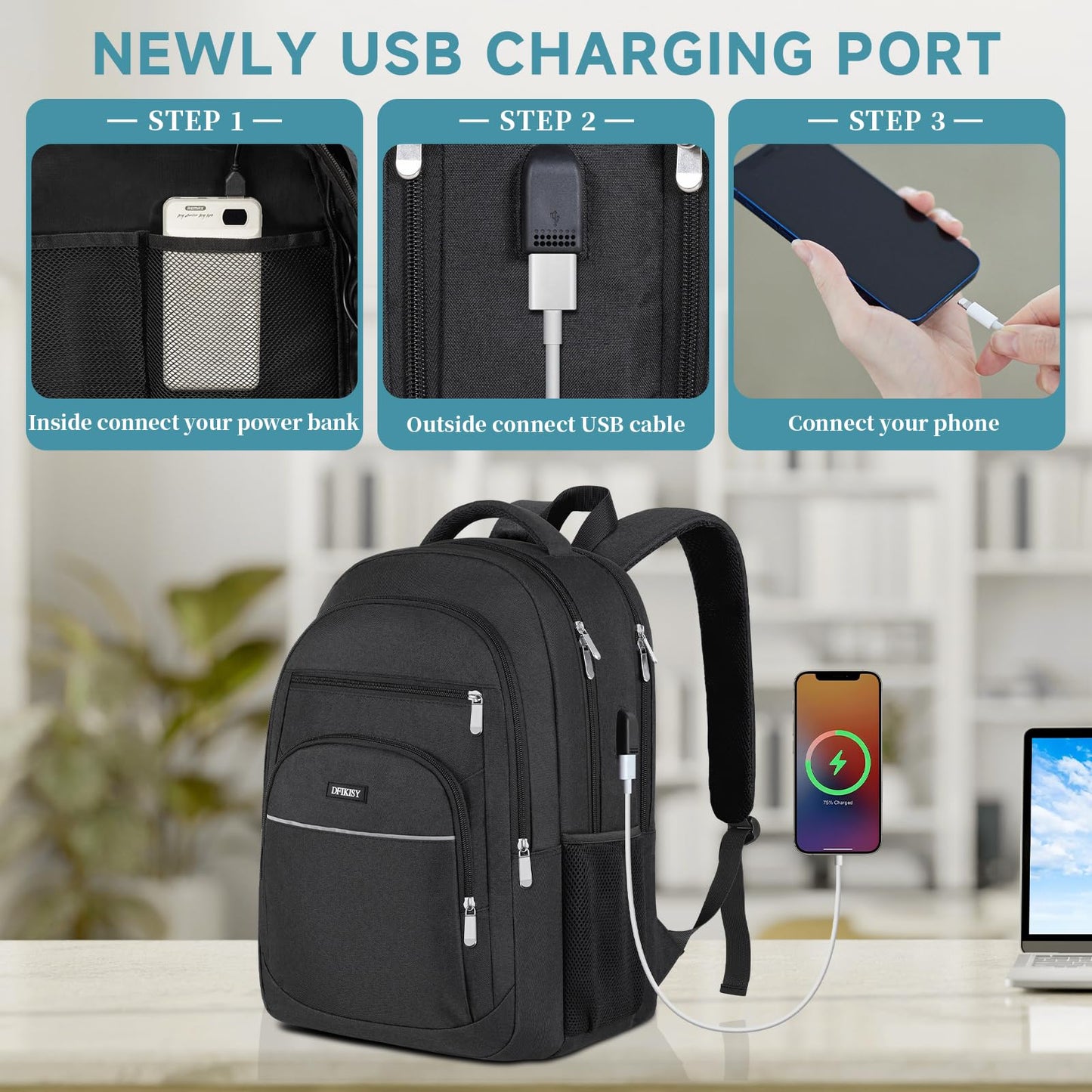 Large Backpack for Men, Waterproof Laptop Backpack 17.3 Inch School Backpack with USB Charging Port Anti Theft Business Work Travel Backpack for Teenage Boys Men (Black)