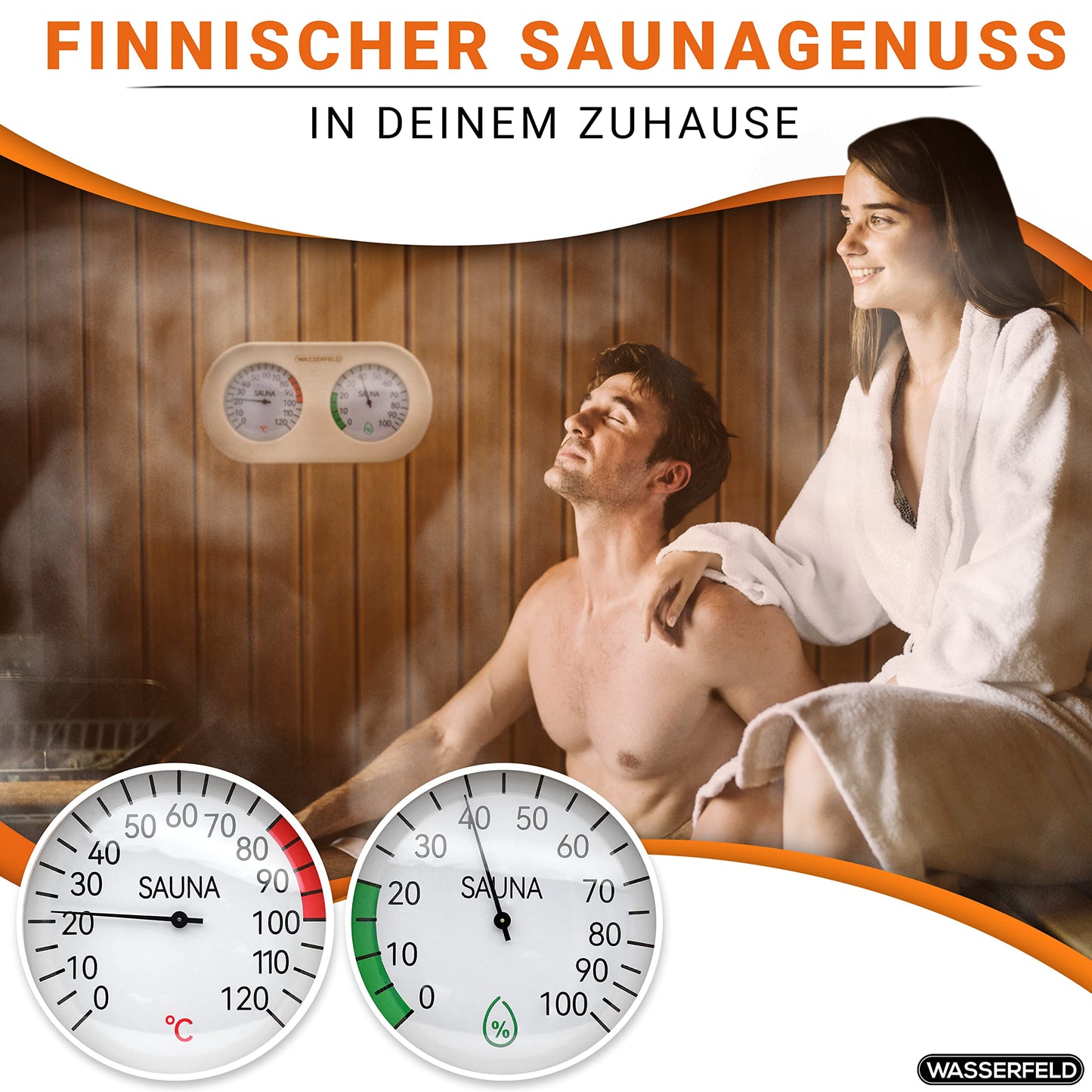 WASSERFELD® Sauna Thermometer Hygrometer [2in1 Function] Precise sauna thermometer for accurate temperature & humidity measurement - Sauna hygrometer with tempered glass - Sauna accessory...