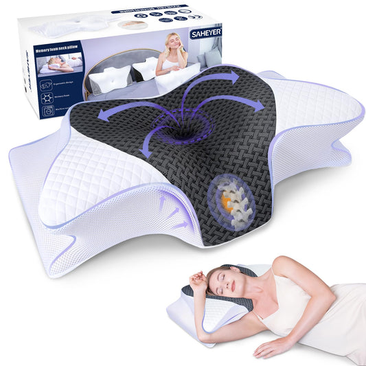 SAHEYER neck pillow, memory foam pillow side sleeper pillow ergonomic orthopedic neck support pillow improve sleep quality neck roll, 60 x 35.5 x 10/13CM sleeping pillow with pillowcase