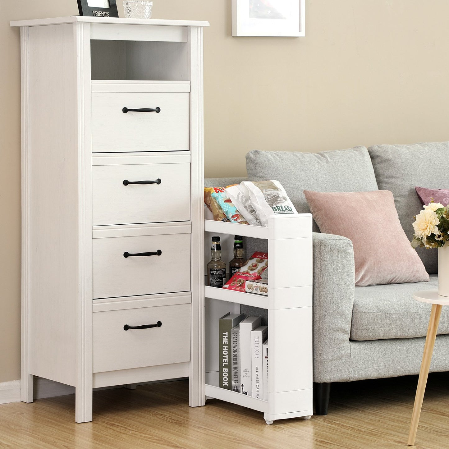SONGMICS narrow gap storage cart with 3 shelves, niche cabinet on wheels for kitchen, bathroom, basement, KFR09WT, white, 45 x 17 x 68.5 cm
