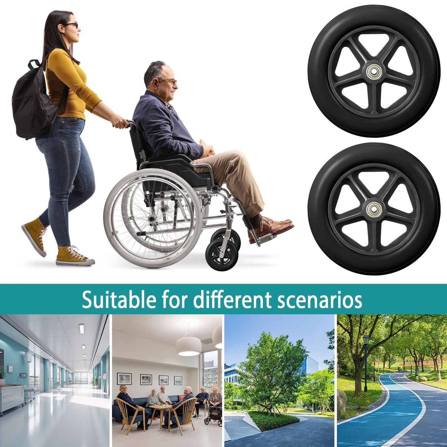 200mm Solid Replacement Wheels-2 pieces Replacement Wheel Walker Front Wheels, Non-Slip & Shock Absorption, Replacement Wheel for Wheelchairs-8mm Bearing Inner Diameter For Wheelchairs, Walkers, Crutches, Wheel Replacement