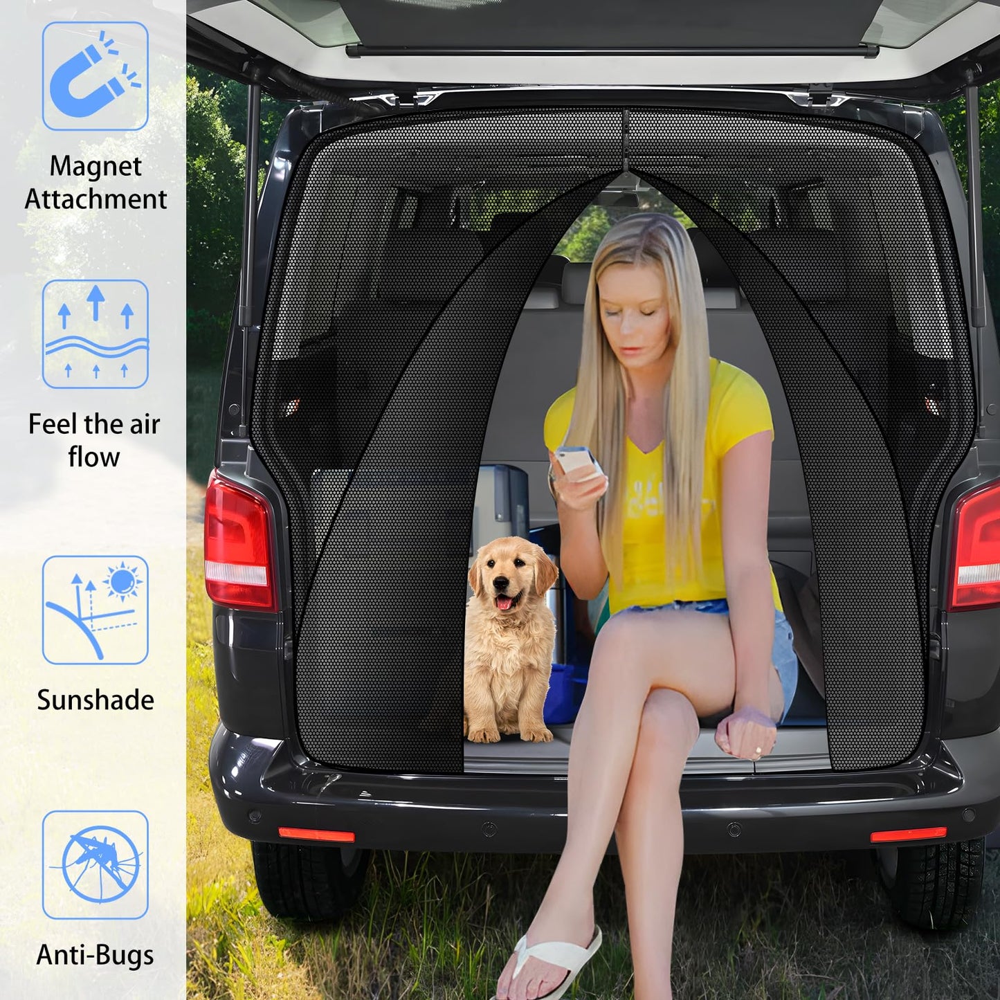 ZATOOTO car sunshade for VW T5 T6, trunk cover with triple zipper, magnetic divider curtain shade net mosquito net for camping travel.