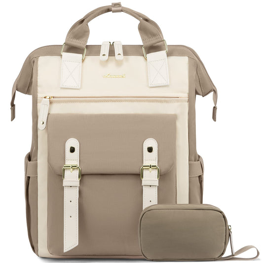 LOVEVOOK backpack for women, large laptop school backpack for girls teenagers 17 inches with data cable bag, waterproof travel backpack school bag backpack elegant for university work business travel beige