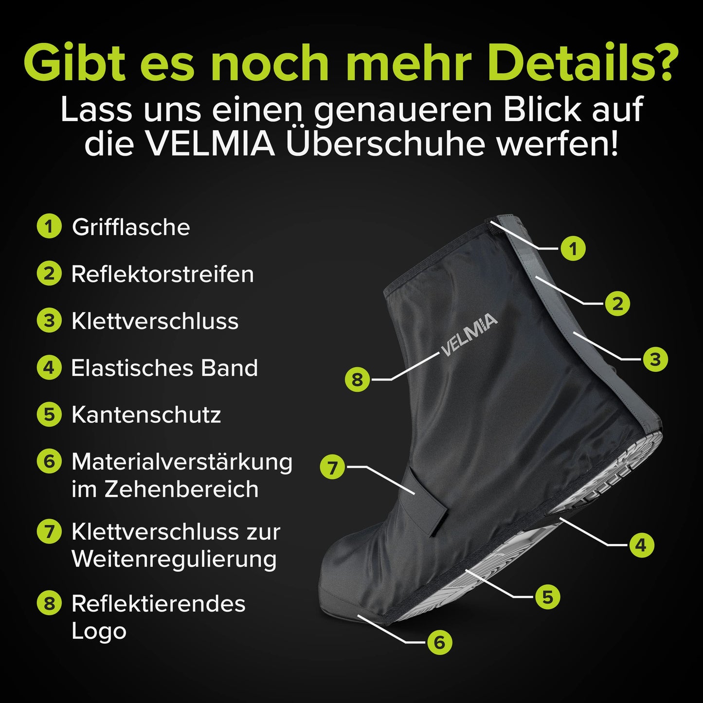 VELMIA Shoe Covers Waterproof Black I Rain Protection for Shoes on Bike with Reflective Material and Reinforced Toe I Rain Shoe Covers Bike