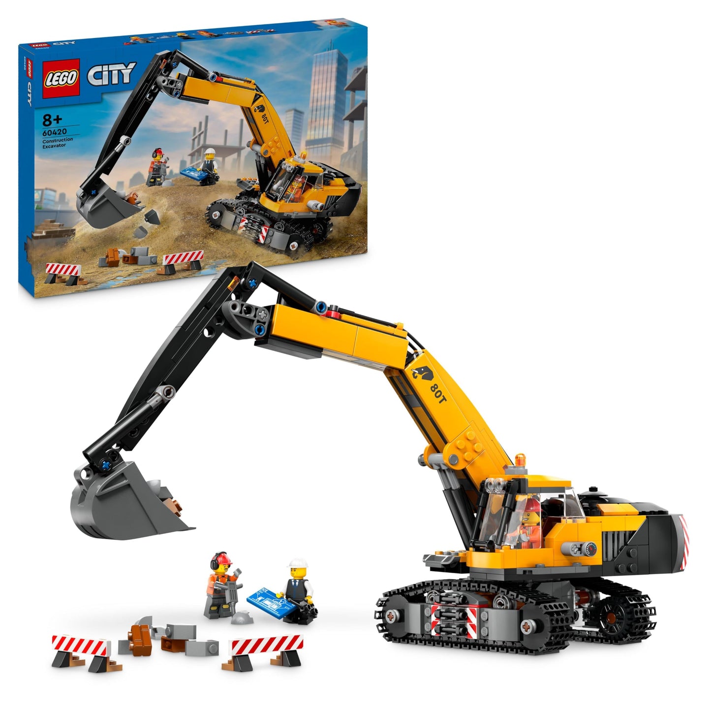 LEGO City Crawler Excavator, toy excavator for kids aged 8 and up, construction toy with excavator model, buildable truck with accessories, and 3 minifigures 60420