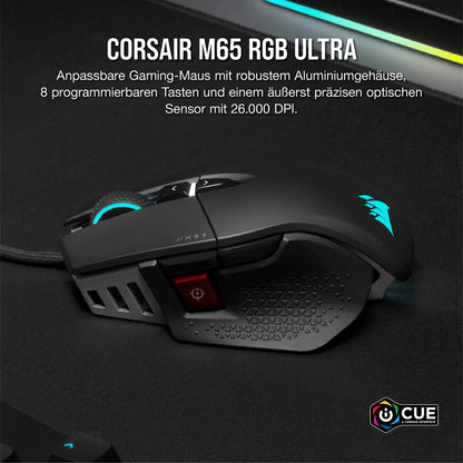 CORSAIR M65 RGB ULTRA Wired Tunable FPS Gaming Mouse - 26,000 DPI - Optical Switches - Weight System - AXON Hyper-Processing Technology - iCUE Compatible - PC, Mac, PS5, PS4, Xbox - Black