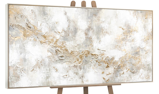 YS-Art Luxury Abstract Acrylic Painting on Canvas History Hand-painted Wall Art Living Room Modern Home Decor Office Gold Grey Beige Real Art with Frame 120x60 cm