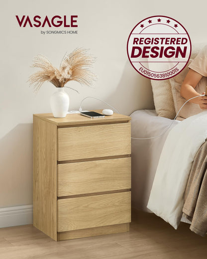 VASAGLE Kailyn Collection - Nightstand with Power Strip, Side Table, 3 Drawers, 2 AC Outlets, 2 USB-A Ports, Modern, Straw Yellow LET631Y70