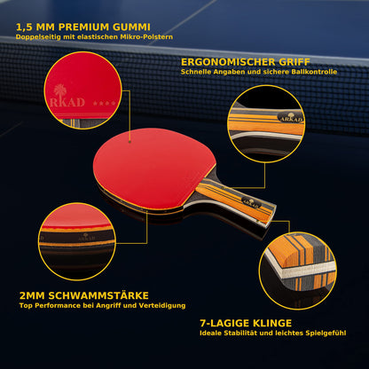 ARKAD Table Tennis Set [Premium] • Table tennis racket set including high-quality table tennis balls & table tennis racket case • Complete table tennis racket set with strong grip