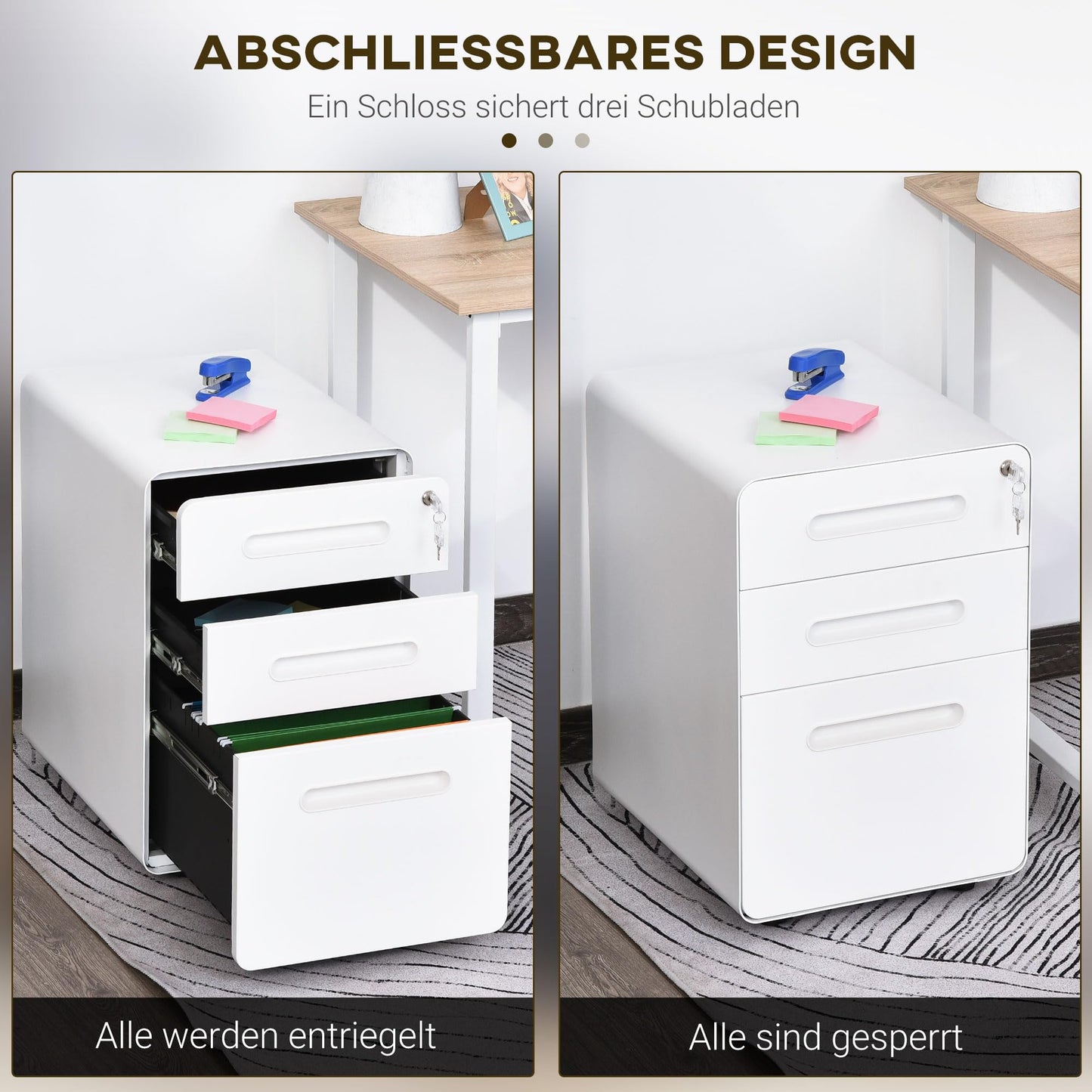 Vinsetto 3-drawer mobile file cabinet with lockable casters, includes hanging file organizer and pencil tray. Office under desk storage unit measures 39x48x59cm in white.