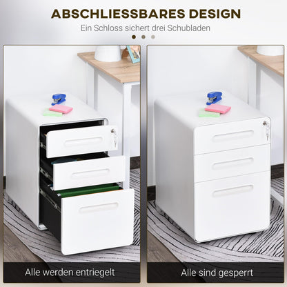 Vinsetto 3-drawer mobile file cabinet with lockable casters, includes hanging file organizer and pencil tray. Office under desk storage unit measures 39x48x59cm in white.