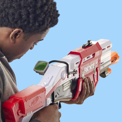 NERF Hasbro E7065EU4 TS Pump-Action Blaster, 8 Mega Fortnite Darts, Dart Storage Compartment - For Teens and Adults Red.