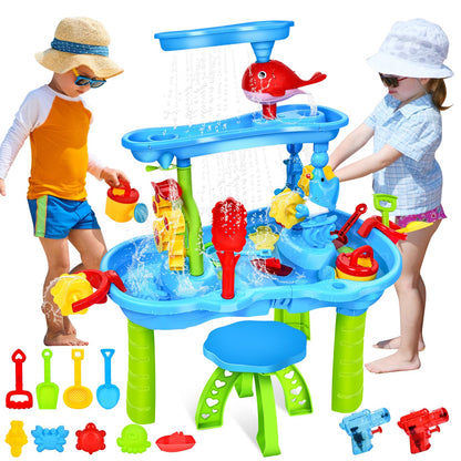 JONRRYIN Sand Water Table for Toddlers, 3-Tier Kids Sand Water Table Toy, Water Play Table Outdoor Beach Toy, Large Play Table Summer Water Toy for Boys Girls 3 4 5 6 7 Year