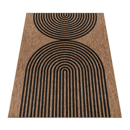 Indoor & Outdoor Rug, weather-resistant, suitable for living room, balcony, kitchen, and terrace. Flat-woven with a sisal-like pattern of boho circles in black. Size: 160x220 cm.