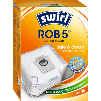 Swirl ROB 5 EcoPor Vacuum Bags (4 bags), tear-resistant dust bags for some Dreame robotic vacuums, 99.9% filtering of household dust & allergenic fine dust.
