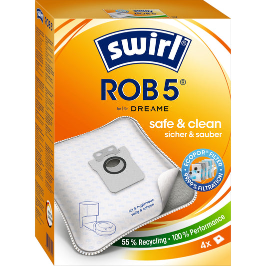 Swirl ROB 5 EcoPor Vacuum Bags (4 bags), tear-resistant dust bags for some Dreame robotic vacuums, 99.9% filtering of household dust & allergenic fine dust.
