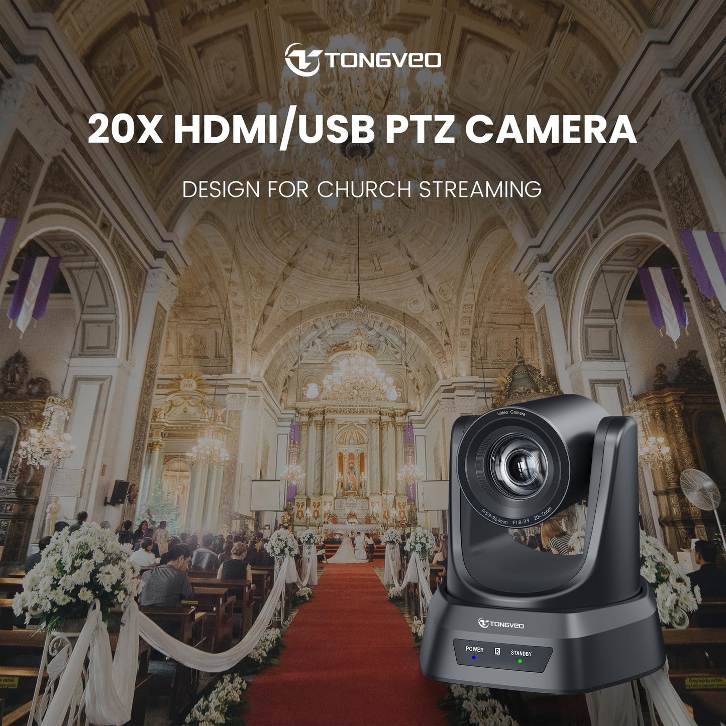 TONGVEO HDMI PTZ camera with 20X optical zoom, ideal for church live streaming and online conferences. Supports 1080P 60fps resolution and works seamlessly with Zoom, Skype, and OBS. Easy to set up.