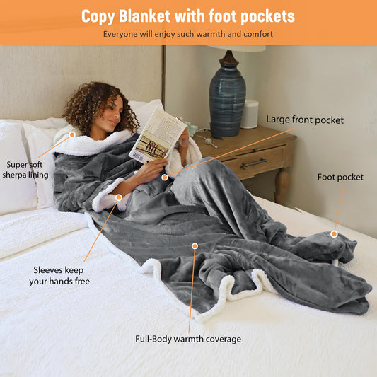 Catalonia Classy Soft Blanket with Sleeves and Foot Pocket, Warm Gift for Women Men Christmas, Fluffy Sherpa Snuggle Blanket with Sleeves, Wearable Adult Throw Blanket, 190 x 135 cm Gray