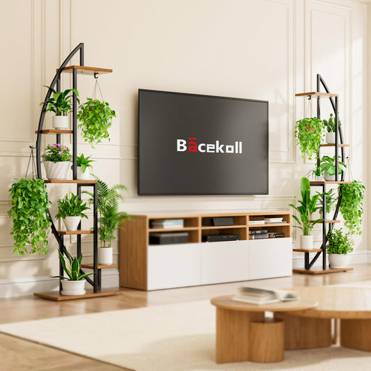 BACEKOLL 6-tier Flower Stand 160cm - Metal-Wood Plant Shelf - Indoor & Outdoor Flower Ladder - Decorative Black Flower Rack for Indoor Garden Balcony 2 PCS (No Light)