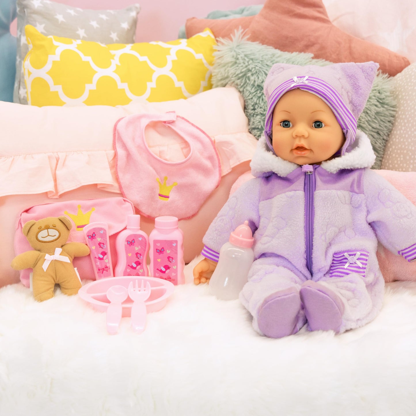 Bayer Design 94694AG 94694AA, functional doll, interactive doll Piccolina Magic Eyes, moves mouth, blinks and closes eyes, talks, purple, 46cm