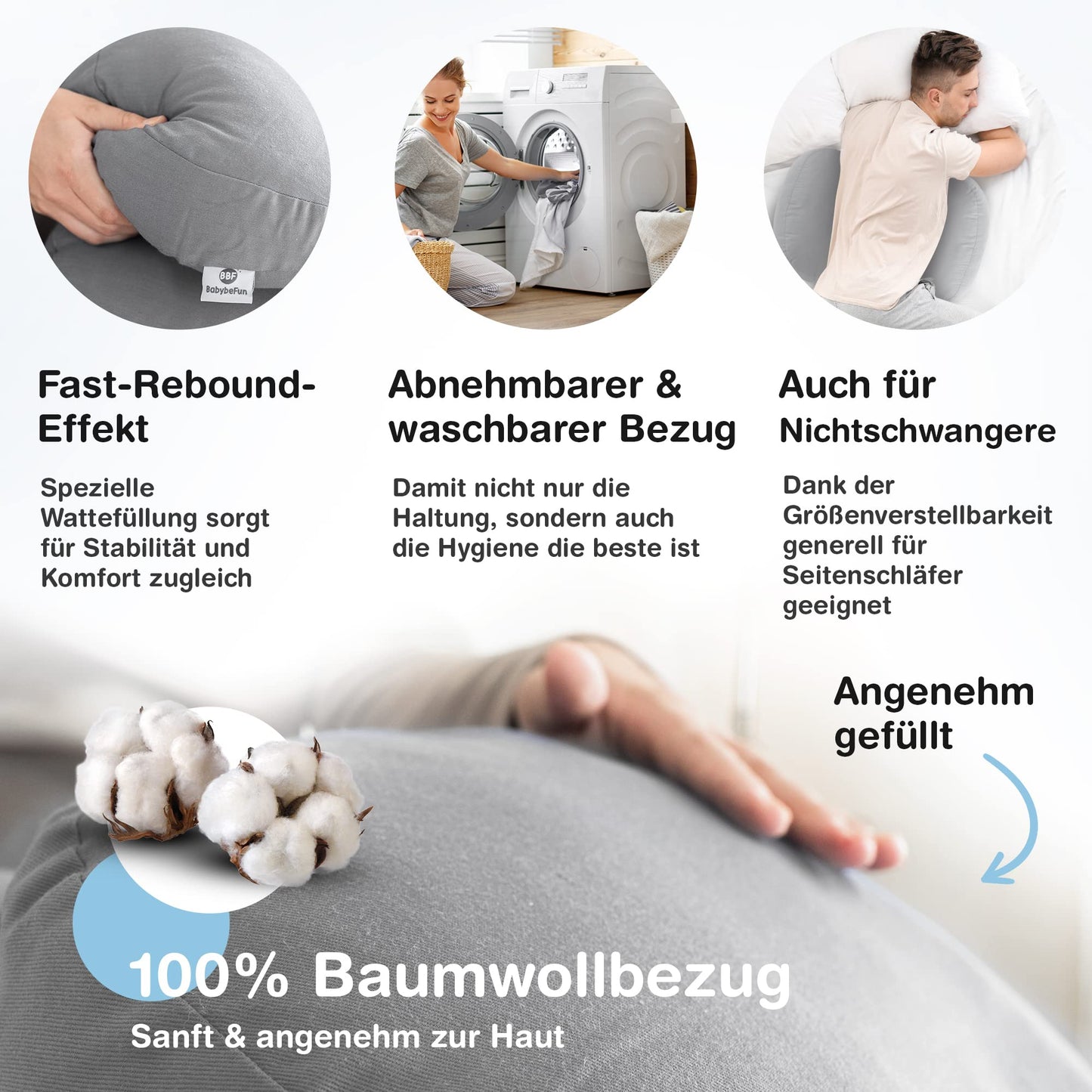 BabybeFun compact pregnancy pillow for sleeping against back pain [Extra comfort thanks to adjustable function] Pregnancy Pillow | Washable | Flexible filling | Light grey