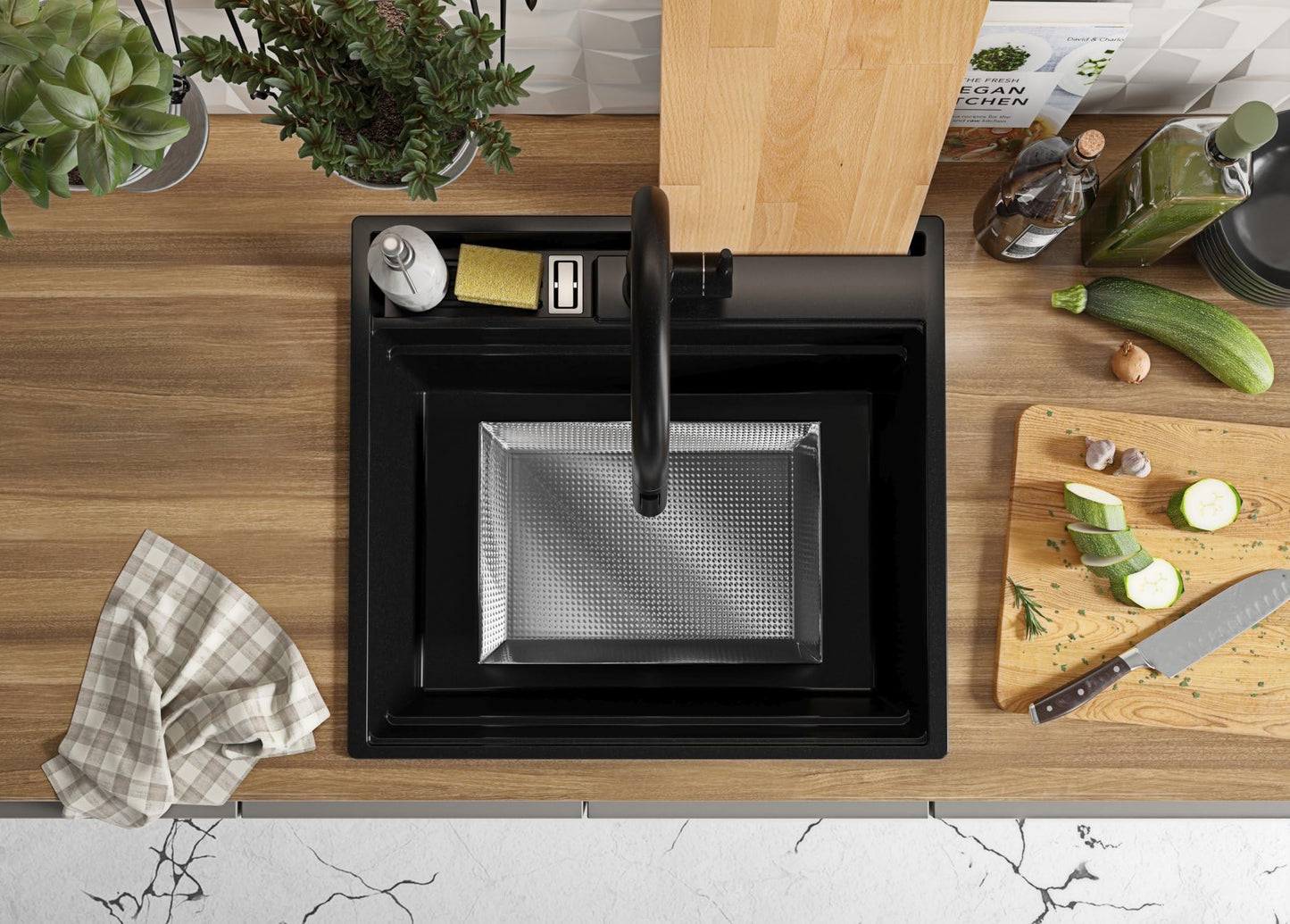 PRIMAGRAN Granite Sink All Black 58x53cm, Granite Sink 1 Bowl + Drain Set + Kitchen Accessory Set, Kitchen Sink for 60cm Base Unit - Oslo Pocket S153