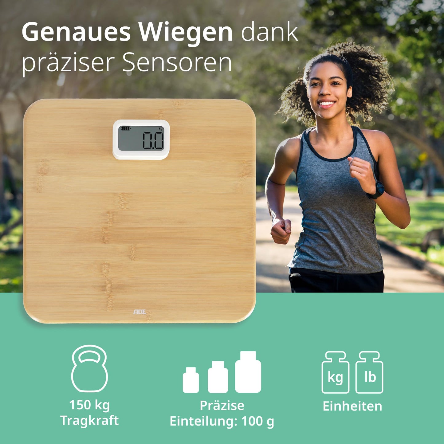ADE Digital Body Scale without Battery | Environmentally friendly dynamo drive | Precise weighing results in 100 g increments | Weighing surface made of real bamboo wood | up to 150 kg