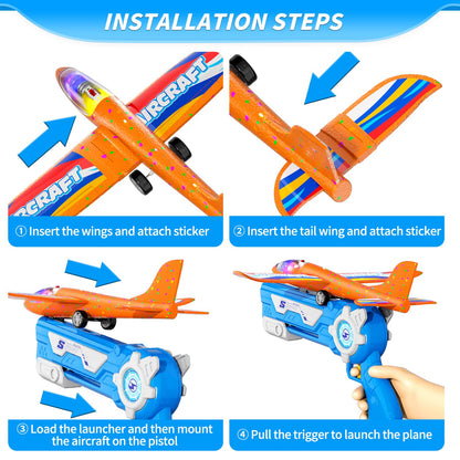 Doloowee Plane Toy, 3 Styrofoam Flyers with Catapult Toy Gun, Outdoor Toy for Kids Age 4+, Gift Boys Girls 4-10 Years