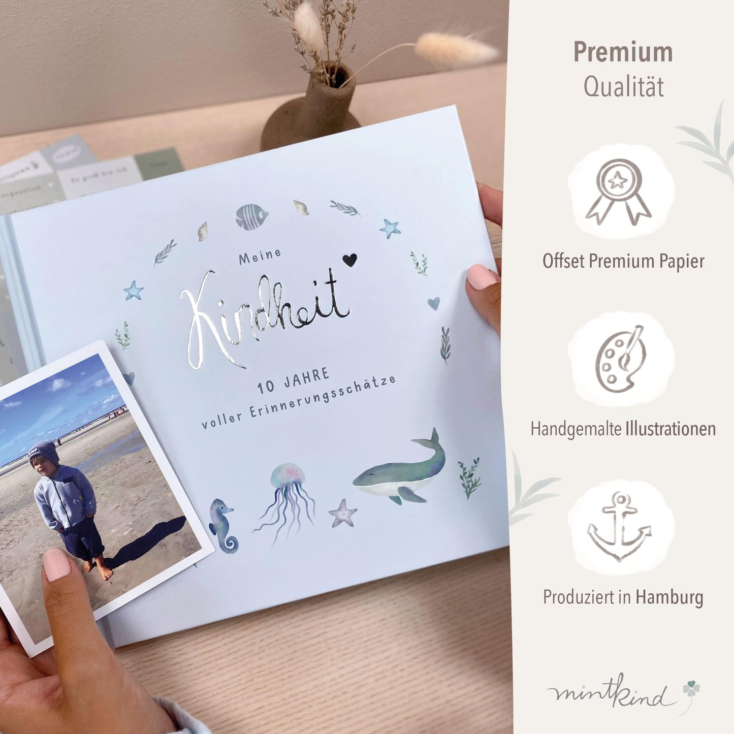 mintkind® "My Childhood" Memory Album Whale Design + Sticker Set I Your First 10 Years I Photo Album Children's Gifts for Birth Baby Book for Recording Diary Children's Album Memory Book Child