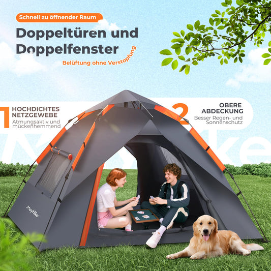 Pop-up camping tent for 2-4 people | 100% waterproof & wind-resistant family tent | 230x230x135 cm + 2 doors with ventilation mesh | Perfect for campsites & summer festivals | Includes tent bag