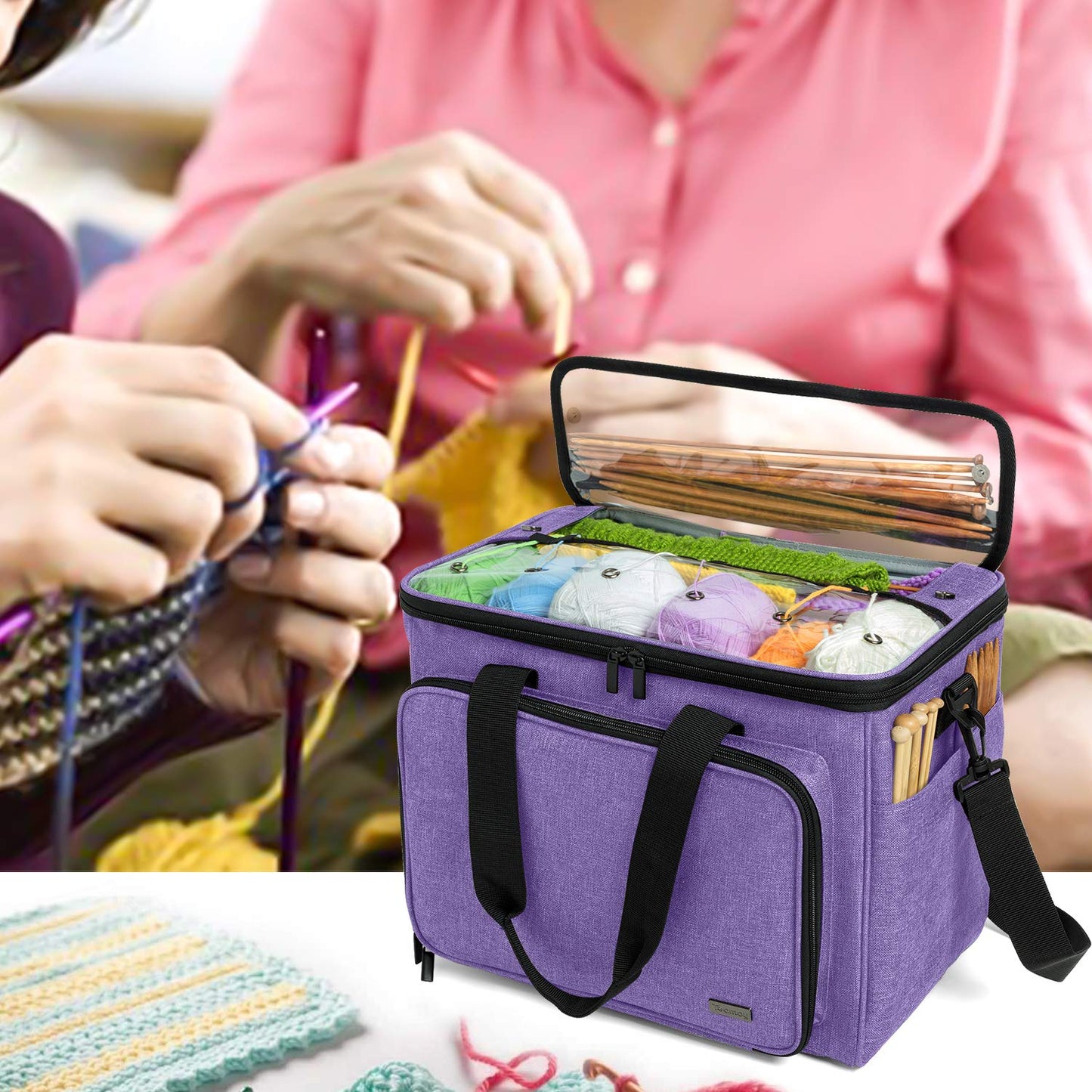 Teamoy yarn storage bag, suitable for knitting, crocheting, yarn, and accessory pouches (accessories not included), purple.