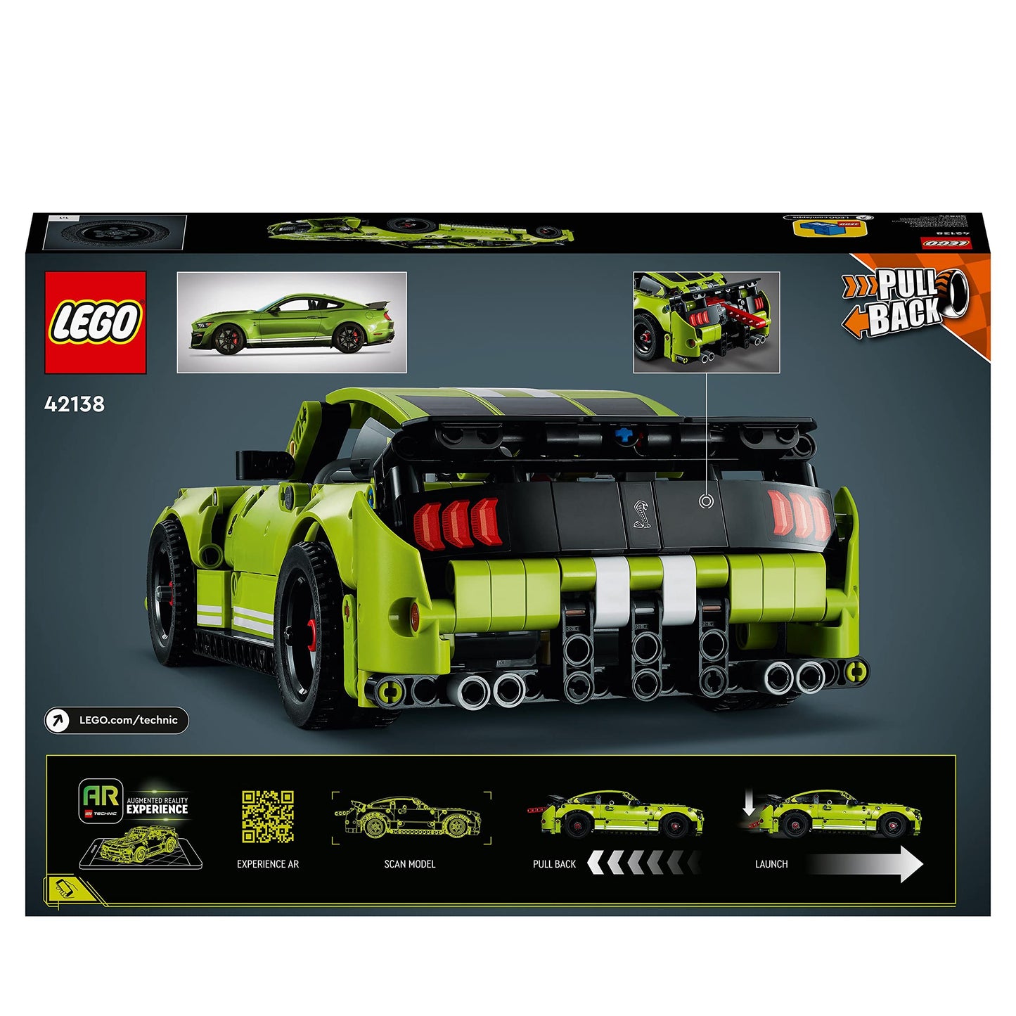 LEGO Technic Ford Mustang Shelby GT500, model car kit, toy car, race car for kids and teenagers with AR app and pull-back motor 42138