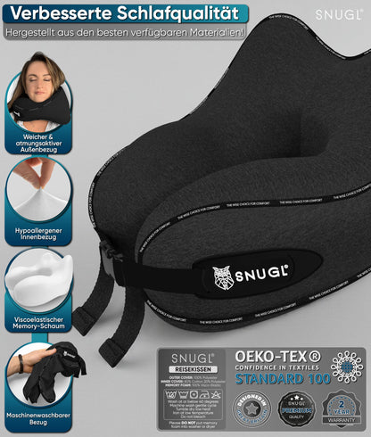 SNUGL Neck Pillow Memory Foam Washable & Adjustable | Cozy Neck Travel Pillow for Airplane, Car & On the Go | Travel Pillow Neck Cushion, Neck Travel Pillow (Black, Adult Small)