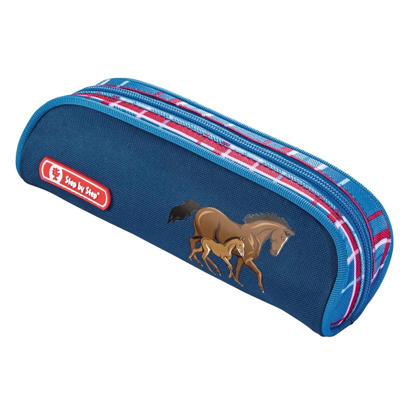 Step by Step School Backpack Set 2IN1 DIN "Horse Family" 4 pieces, blue-red, horses, ergonomic backpack with reflectors, adjustable height with hip belt for girls from 1st grade, 19L